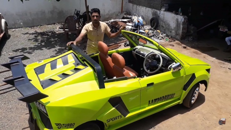 Maruti 800 modified to look like a Lamborghini convertible supercar